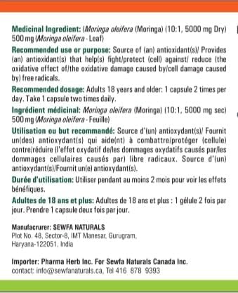 Moringa Capsules - 120 Vegan Capsules – Health Canada Licensed